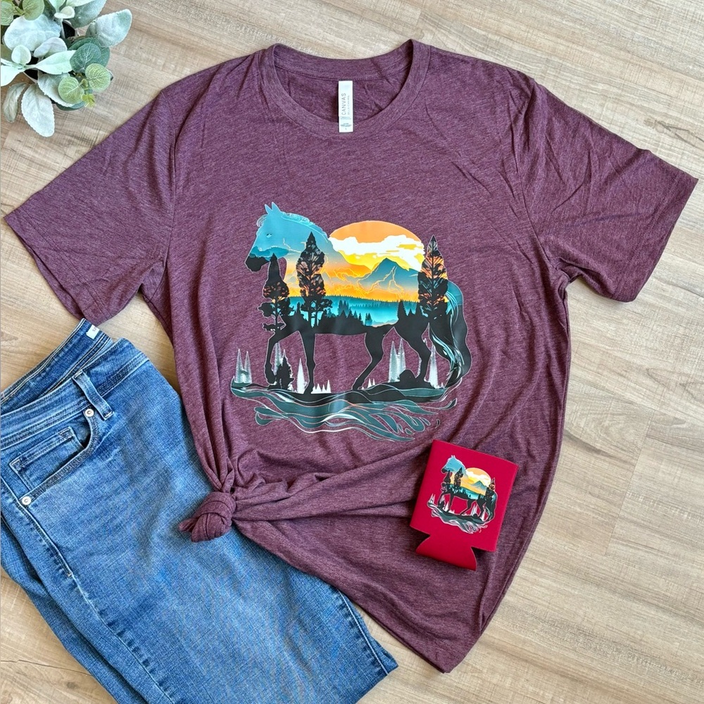 Maroon Tri-blend Tee & Can Cooler Horse Sunset Design